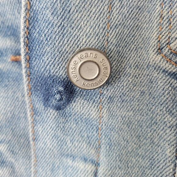 Kensie Embellished Distressed Jean Jacket Women M Denim Blue Long Sleeve Patches - Picture 10 of 12